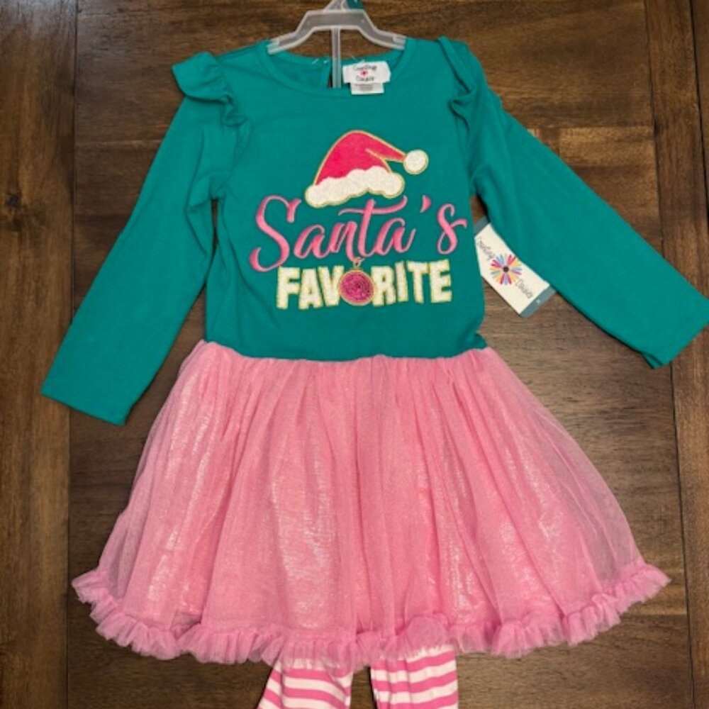 NWT Counting Daisies Girls Green Pink Christmas "Santas Favorite" Set Sz 5-6